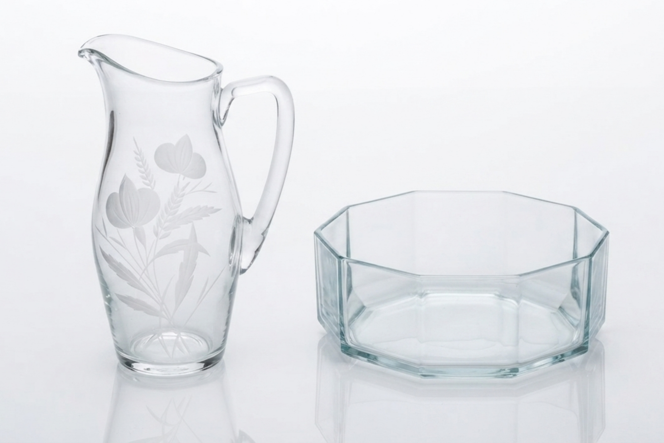 Etched Glass Pitcher and Geometric Bowl Set